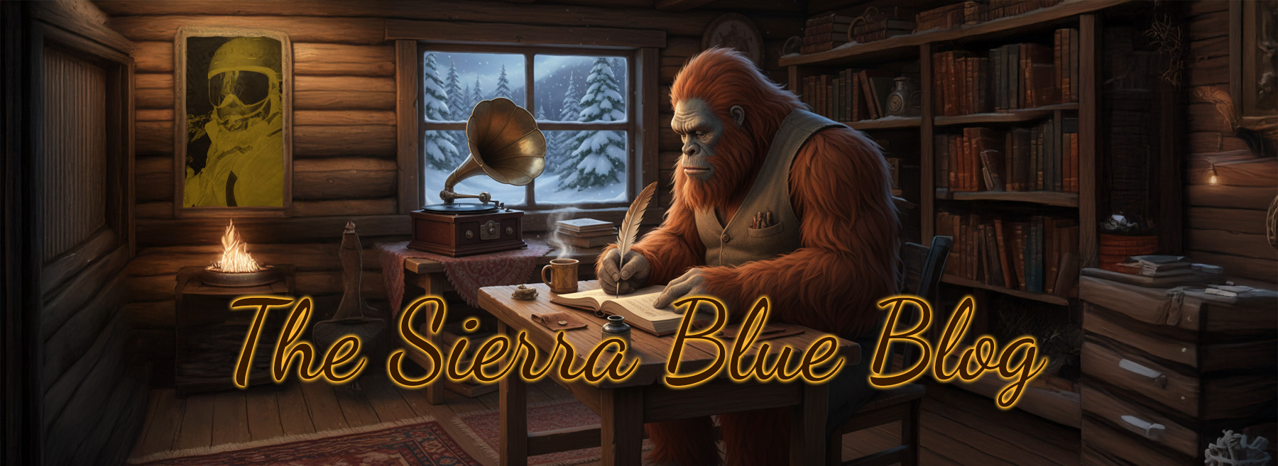 bigfoot in cabin writing a blog