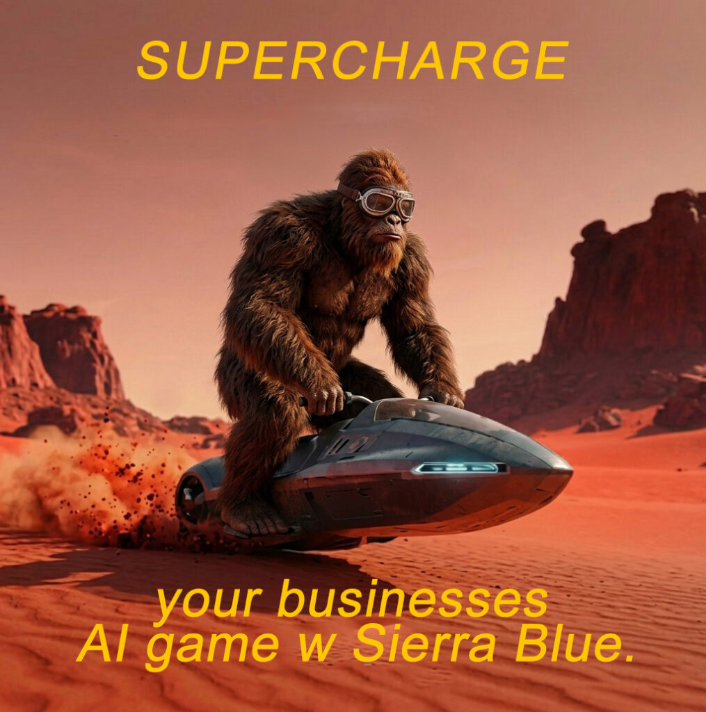 Bigfoot riding a skirocket on mystery planet.