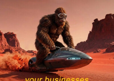 Bigfoot riding a skirocket on mystery planet.