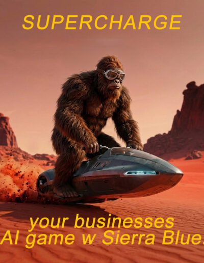 Bigfoot riding a skirocket on mystery planet.
