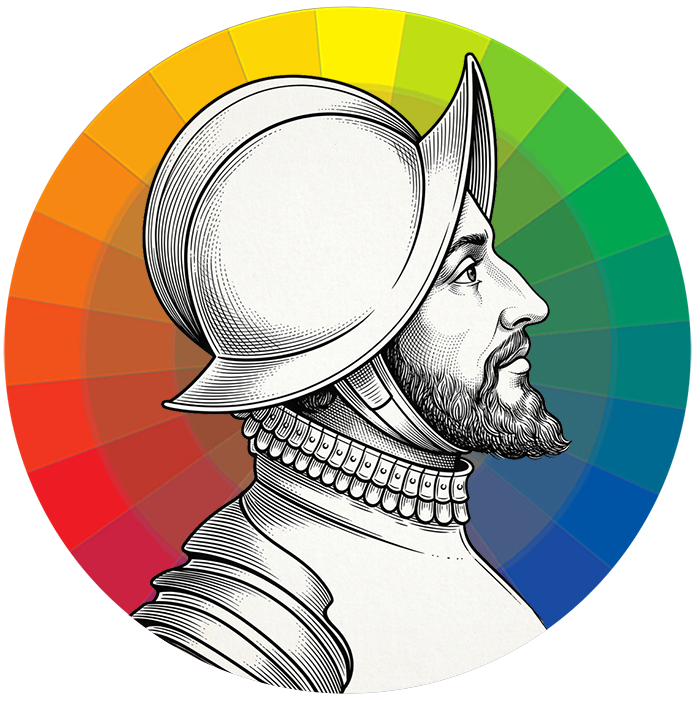 Logo featuring a conquistador with color wheel in background.